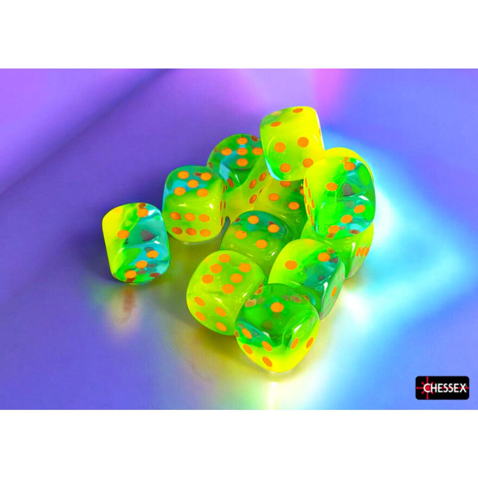 CHX 26670 Gemini Plasma Green-Teal/orange Luminary 16mm d6 Dice Block (12 dice)