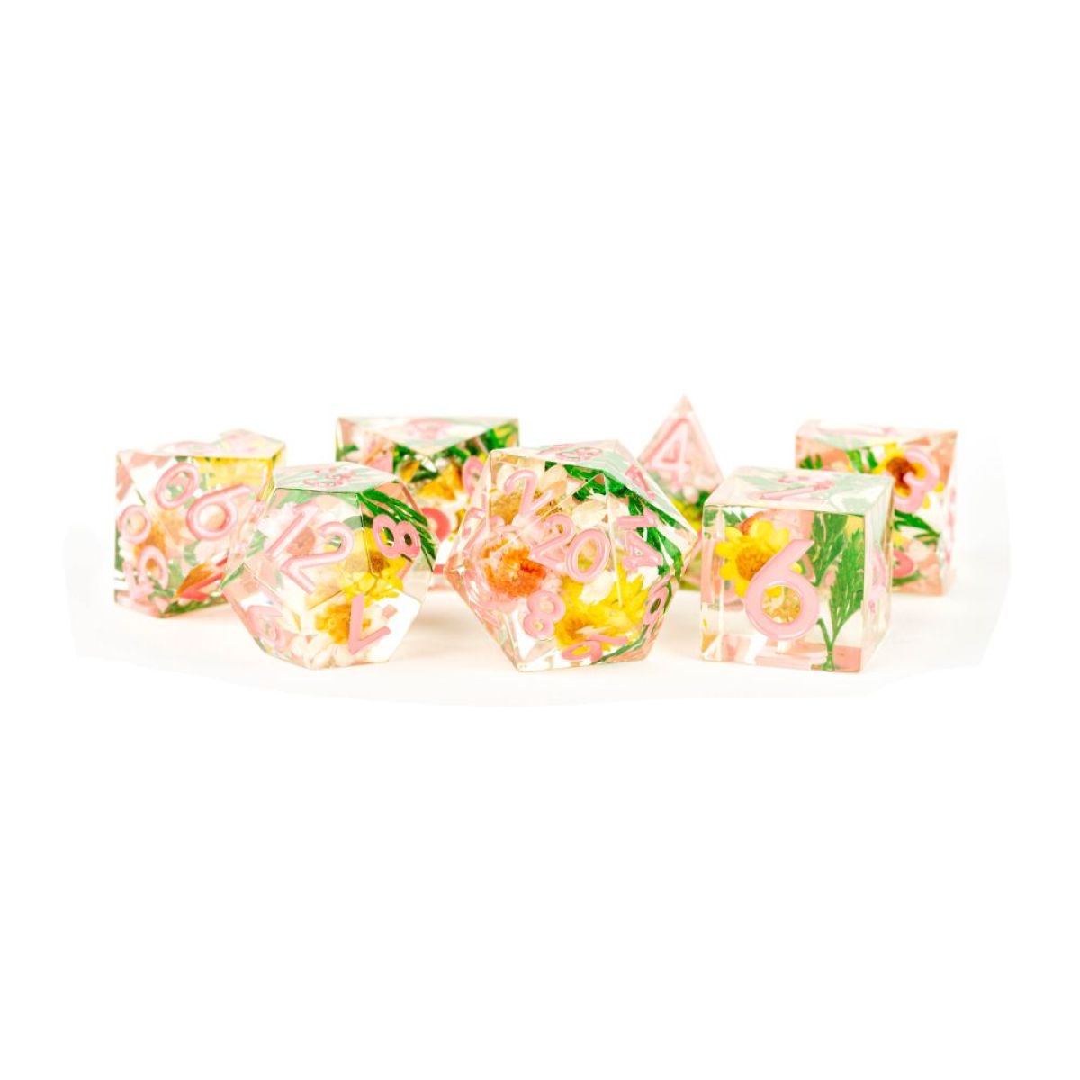 Fanroll: Handcrafted Sharp Edge Resin Dice Set: Chrysanthemum w/ Pink Numbers