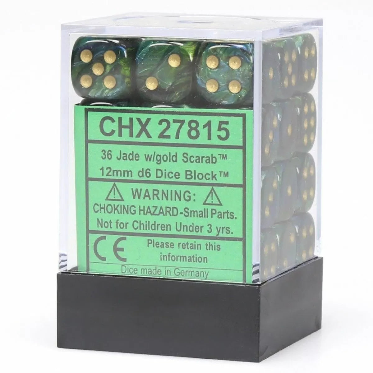CHX 27815 Scarab 12mm d6 Jade/Gold Block (36)